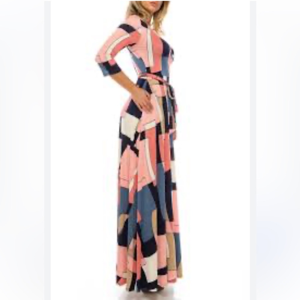 Pink Blue White Geometric Print Wrap Maxi Dress Sz Large